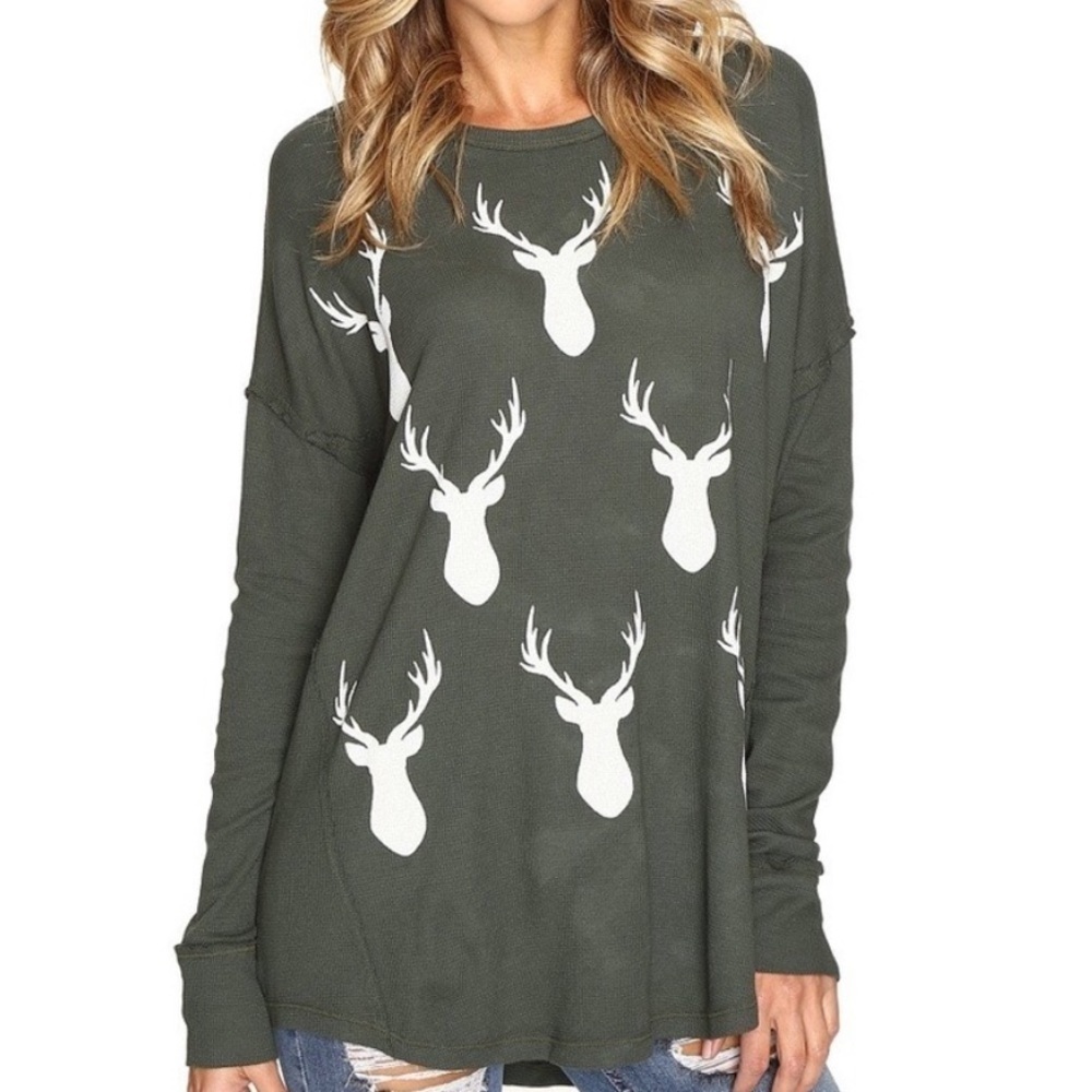 MuMu Mellow Deer Pattern Bosco Green White Thermal Top